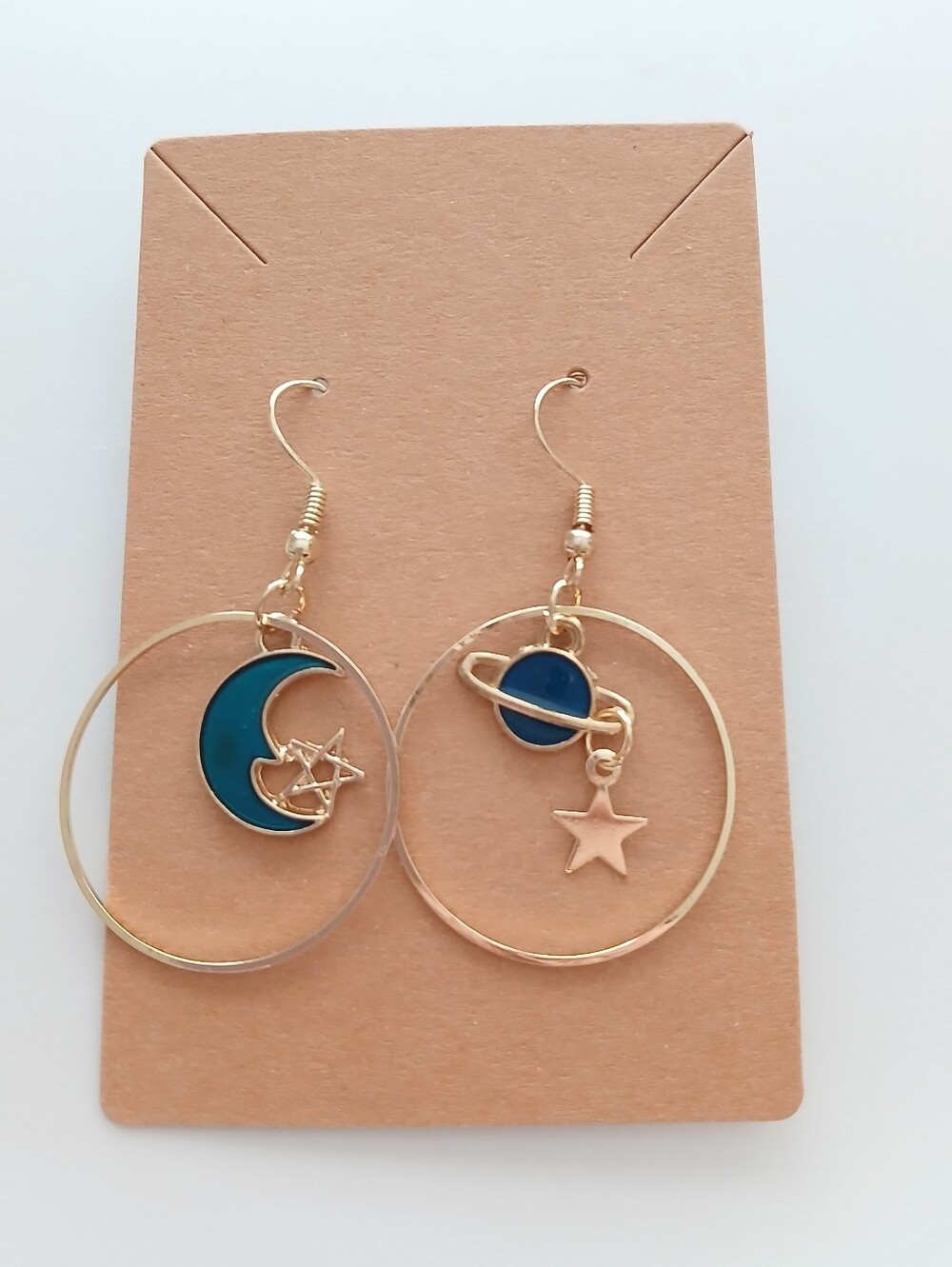 Fashion Jewelry Gold Hoop Earrings with Blue Moon and Planet Charms